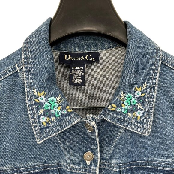 QVC Denim & Co. Women's Embroidered Collar Denim Jacket Classic Trucker Medium - Picture 2 of 7